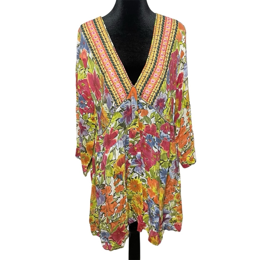 Johnny Was Floral Embroidered V-Neck Tunic Babydoll Top Flowy Boho Festival